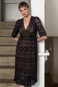 Black nottingham lace dress . Made in England 