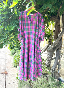 Deadstock pink and green tartan maxi dress. Made in England. Justine Tabak 