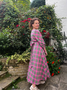 Deadstock pink and green tartan maxi dress. Made in England. Justine Tabak 