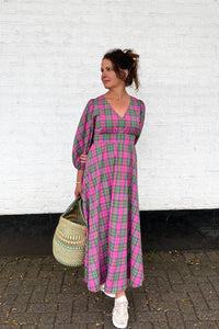 Deadstock pink and green tartan maxi dress. Made in England. Justine Tabak 