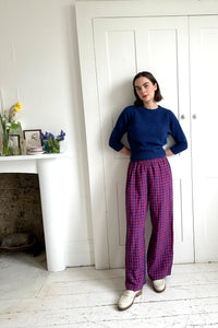 Pull-on trouser in Red and Blue Gingham Irish Linen | Made in England | Justine  Tabak