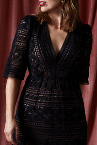 Black Cluny Nottingham Lace Dress for Isabel Spearman Daily Dress Edit, Made in england , Justine Tabak