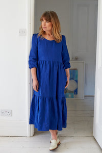 Tiered Midi Dress in Blue Linen | Made In England | Justine Tabak