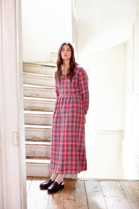 Pink tartan Irish linen long sleeve dress. Midi length
