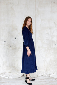 Navy blue corduroy dress, Nottingham Lace trim, midi length, long sleeve 
