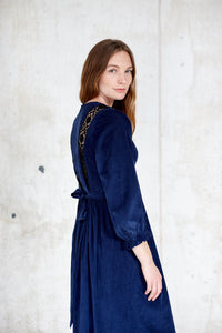Navy blue corduroy dress, Nottingham Lace trim, midi length, long sleeve 