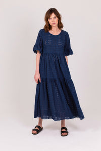 Navy Sustainable cotton Maxi dress, Three quarter sleeve, broderie anglaise,, waist sash. round neck. pull over head. Made in England  