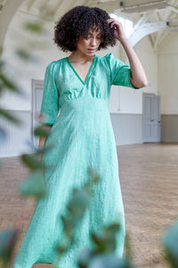 Green linen, short sleeve summer dress