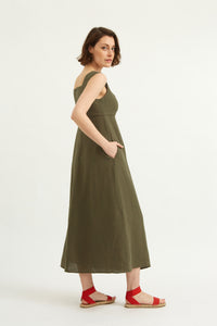 Linen pinafore dress. Khaki linen. Maxi length .Sleeveless