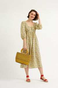 Liberty Print Tana Lawn Cotton Summer Dress. Three-quarter sleeve, midi length, elasticated scoop neck. 