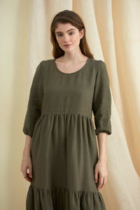 Linen tired dress. Three-quater sleeve, round neck, pull over head, midi length. Made in England