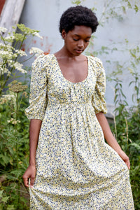 Liberty Print Tana Lawn Cotton Summer Dress. Three-quarter sleeve, midi length, elasticated scoop neck