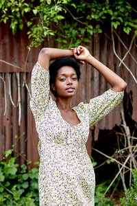 Liberty Print Tana Lawn Cotton Summer Dress. Three-quarter sleeve, midi length, elasticated scoop neck